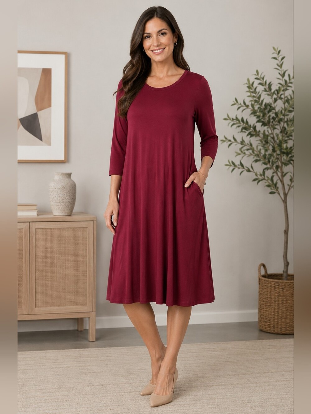Papillon Women's Bamboo Scoop Neck A-Line Dress in Wine